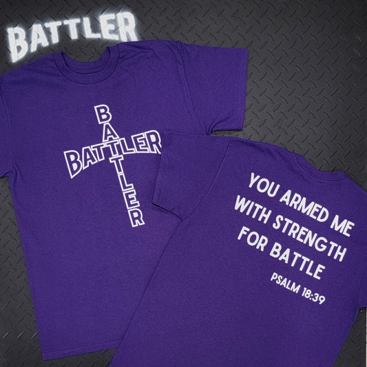 Double-Sided Battler / Psalm 18:39 Tee (Hollow Cross Version - White on Purple)