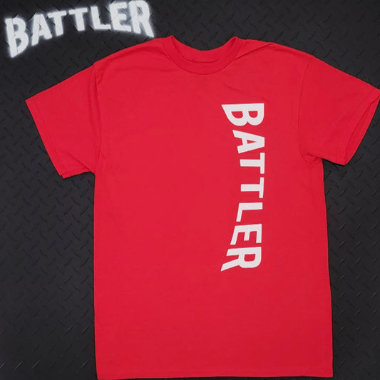 Classic Battler Tee (Vertical Version - White on Red)