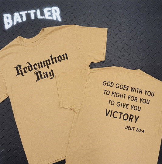 Double-Sided Redemption Day / Deut 20:4 Tee (Black on Old Gold)