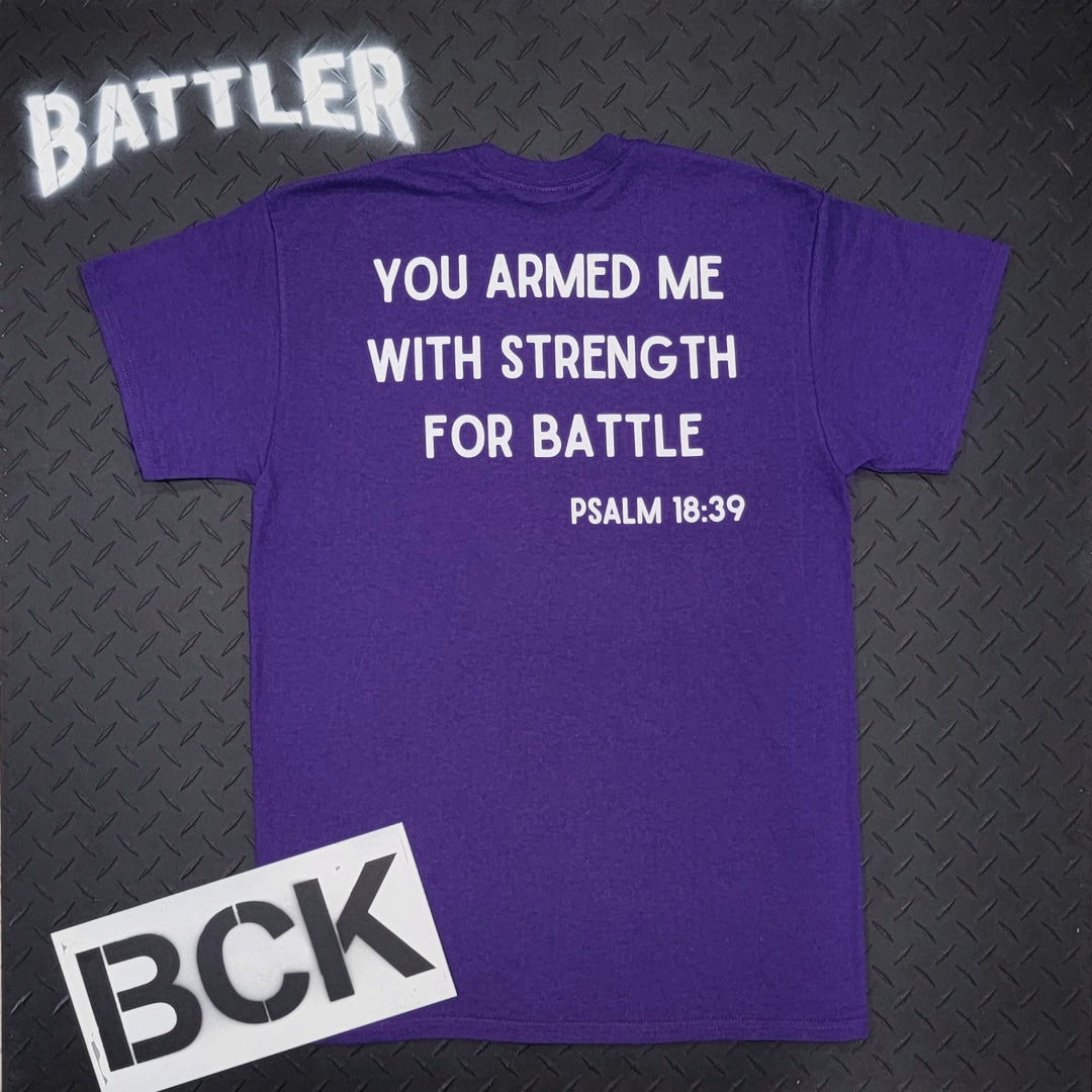 Double-Sided Battler / Psalm 18:39 Tee (Hollow Cross Version - White on Purple)