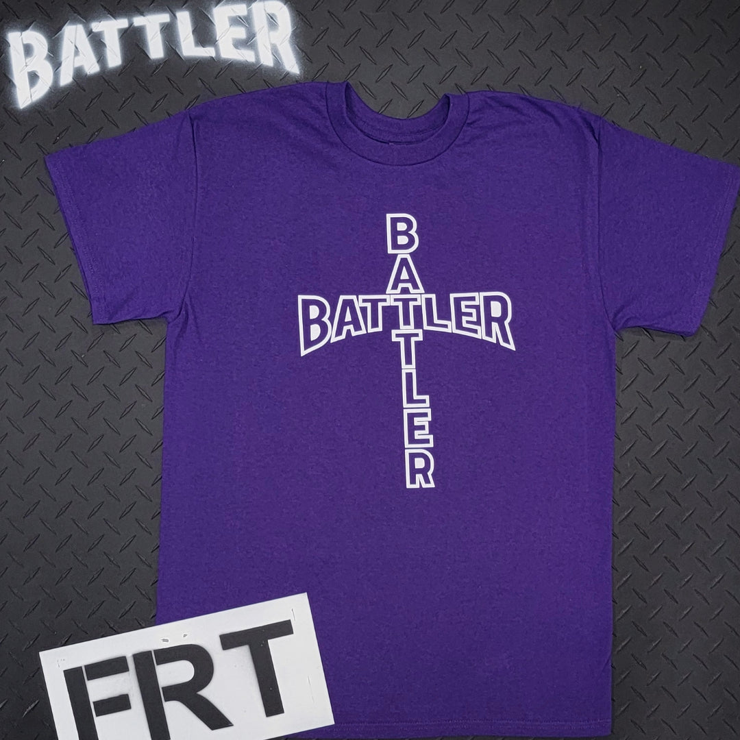 Double-Sided Battler / Psalm 18:39 Tee (Hollow Cross Version - White on Purple)