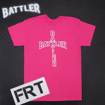 Double-Sided Battler / Psalm 18:39 Tee (Hollow Cross Version - White on Pink)