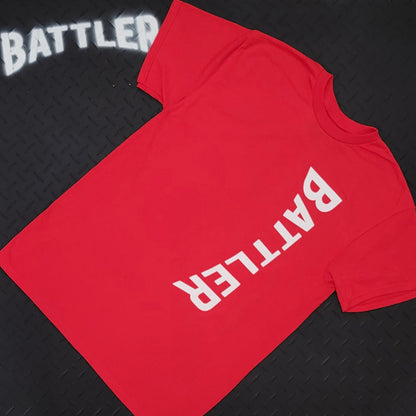 Classic Battler Tee (Vertical Version - White on Red)