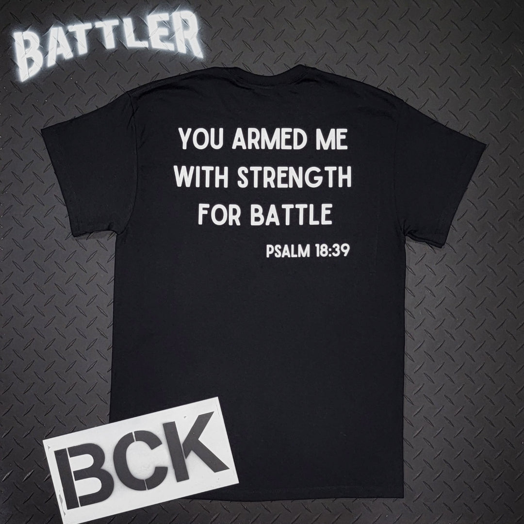 Double-Sided Battler / Psalm 18:39 Tee (Cross Version - White on Black)