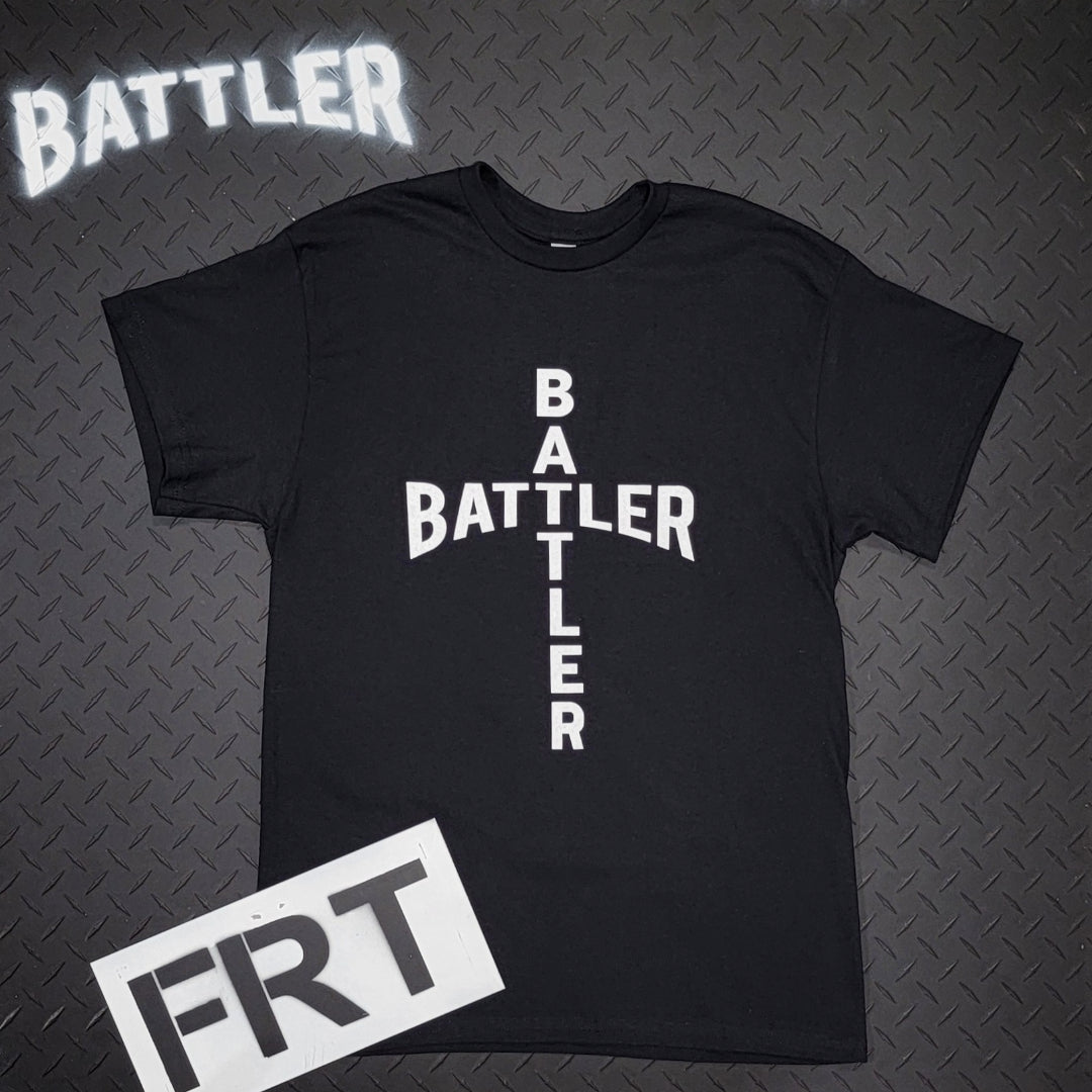 Double-Sided Battler / Psalm 18:39 Tee (Cross Version - White on Black)