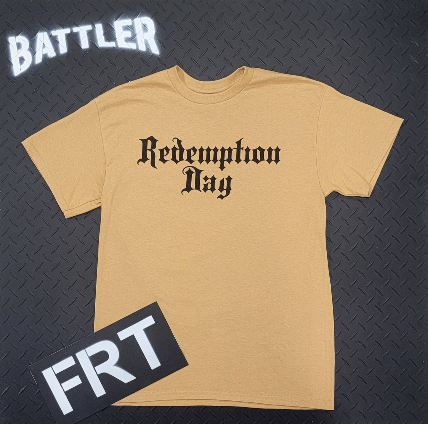 Double-Sided Redemption Day / Deut 20:4 Tee (Black on Old Gold)